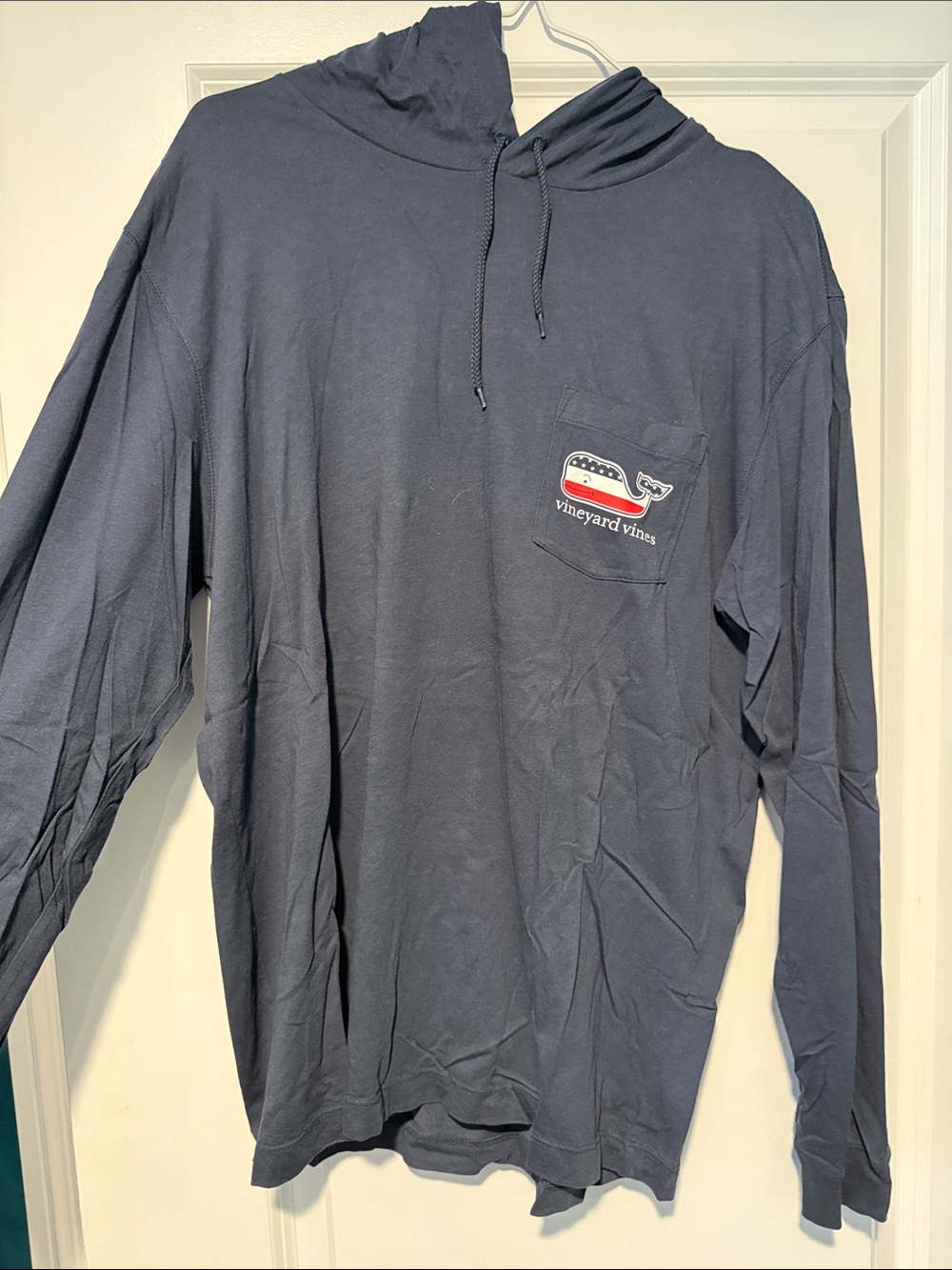 Vineyard Vines Navy Long-Sleeve Hooded Pocket Tee with Flag Whale Patch